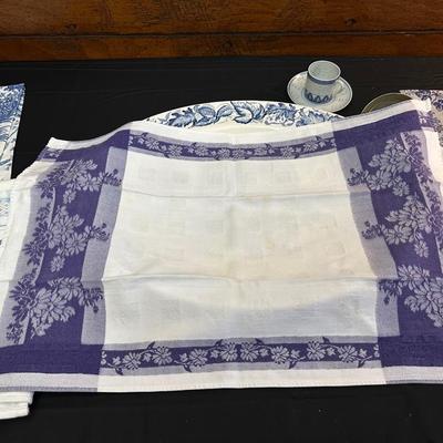 Large Royal Staffordshire Dinnerware Plate Made in England and Various Crisp Blue Patterend Dish Towels
