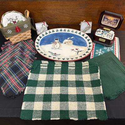 Lot of Christmas Decor including Thomas Kinkade’s Holiday Music Box, Snowman Oval Platter and More!