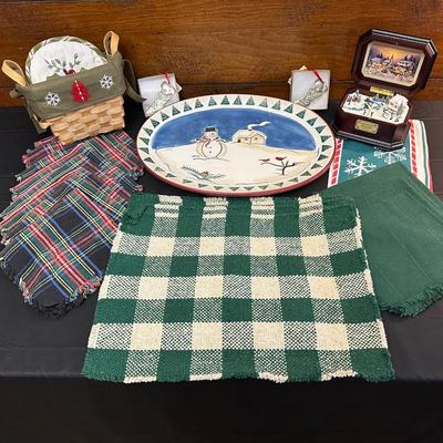 Lot of Christmas Decor including Thomas Kinkade’s Holiday Music Box, Snowman Oval Platter and More!