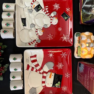 Lot of Christmas Decor including Snowman plates, Vintage Holly Berry Food Runners, Avon Santa Town Reindeer Lodge and More!