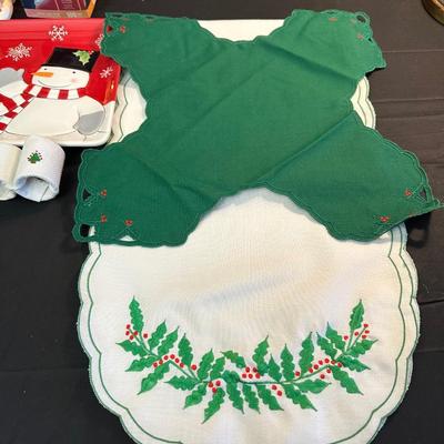 Lot of Christmas Decor including Snowman plates, Vintage Holly Berry Food Runners, Avon Santa Town Reindeer Lodge and More!