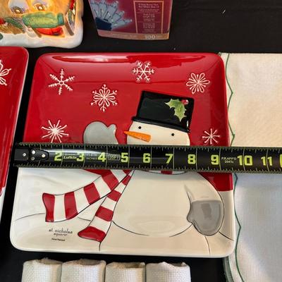 Lot of Christmas Decor including Snowman plates, Vintage Holly Berry Food Runners, Avon Santa Town Reindeer Lodge and More!