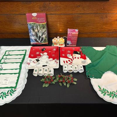 Lot of Christmas Decor including Snowman plates, Vintage Holly Berry Food Runners, Avon Santa Town Reindeer Lodge and More!