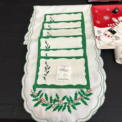 Lot of Christmas Decor including Snowman plates, Vintage Holly Berry Food Runners, Avon Santa Town Reindeer Lodge and More!
