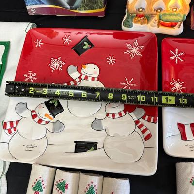 Lot of Christmas Decor including Snowman plates, Vintage Holly Berry Food Runners, Avon Santa Town Reindeer Lodge and More!