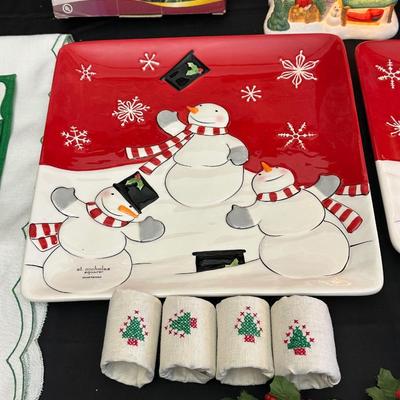 Lot of Christmas Decor including Snowman plates, Vintage Holly Berry Food Runners, Avon Santa Town Reindeer Lodge and More!
