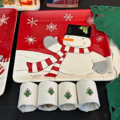 Lot of Christmas Decor including Snowman plates, Vintage Holly Berry Food Runners, Avon Santa Town Reindeer Lodge and More!