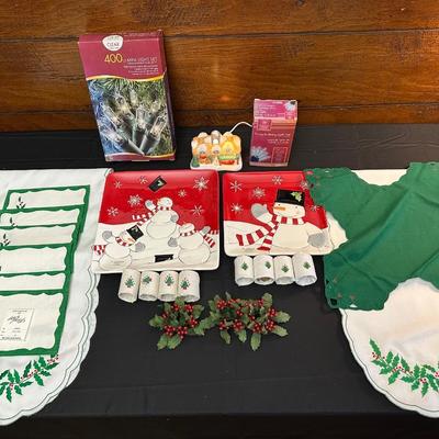 Lot of Christmas Decor including Snowman plates, Vintage Holly Berry Food Runners, Avon Santa Town Reindeer Lodge and More!