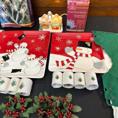 Lot of Christmas Decor including Snowman plates, Vintage Holly Berry Food Runners, Avon Santa Town Reindeer Lodge and More!