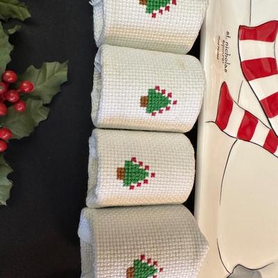 Lot of Christmas Decor including Snowman plates, Vintage Holly Berry Food Runners, Avon Santa Town Reindeer Lodge and More!