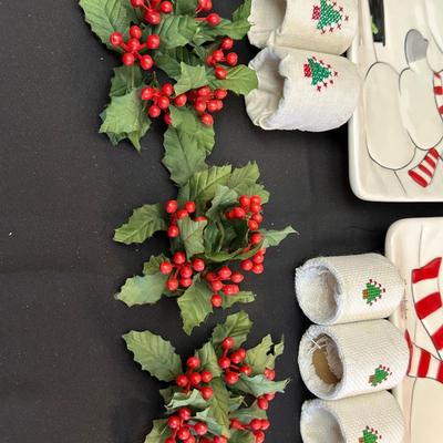 Lot of Christmas Decor including Snowman plates, Vintage Holly Berry Food Runners, Avon Santa Town Reindeer Lodge and More!