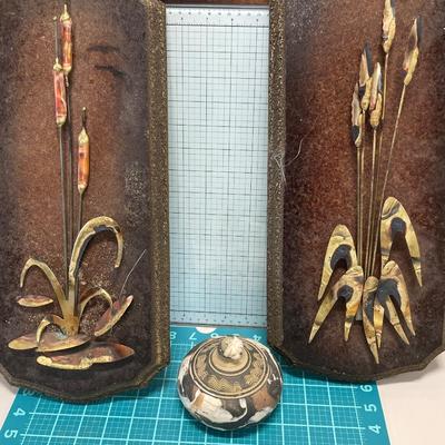 Metal on wood decor with pottery oil candle