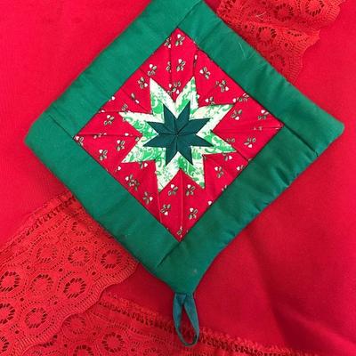 Lot of Christmas Decor including Vintage Red Table Cloth, Hand Knitted Pillow and More!