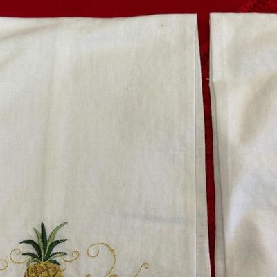 Lot of Christmas Decor including Vintage Red Table Cloth, Hand Knitted Pillow and More!