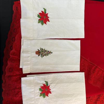 Lot of Christmas Decor including Vintage Red Table Cloth, Hand Knitted Pillow and More!