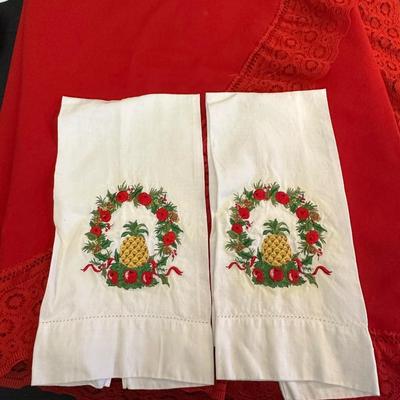 Lot of Christmas Decor including Vintage Red Table Cloth, Hand Knitted Pillow and More!