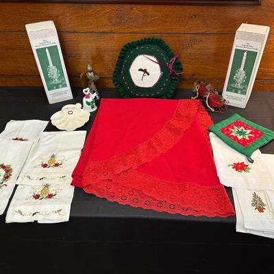 Lot of Christmas Decor including Vintage Red Table Cloth, Hand Knitted Pillow and More!