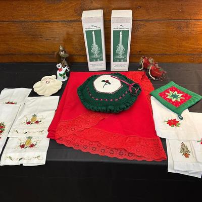 Lot of Christmas Decor including Vintage Red Table Cloth, Hand Knitted Pillow and More!