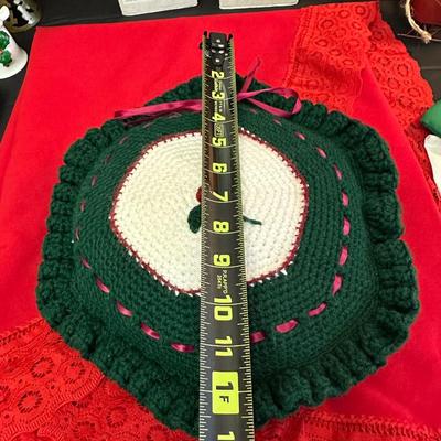 Lot of Christmas Decor including Vintage Red Table Cloth, Hand Knitted Pillow and More!