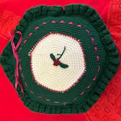 Lot of Christmas Decor including Vintage Red Table Cloth, Hand Knitted Pillow and More!
