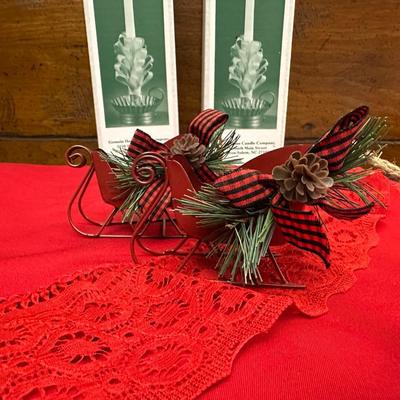 Lot of Christmas Decor including Vintage Red Table Cloth, Hand Knitted Pillow and More!