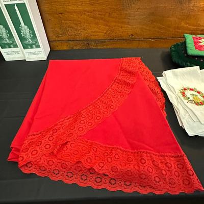 Lot of Christmas Decor including Vintage Red Table Cloth, Hand Knitted Pillow and More!