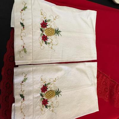 Lot of Christmas Decor including Vintage Red Table Cloth, Hand Knitted Pillow and More!