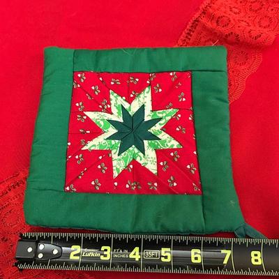 Lot of Christmas Decor including Vintage Red Table Cloth, Hand Knitted Pillow and More!