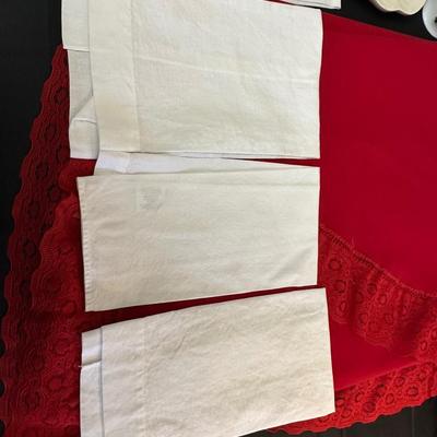 Lot of Christmas Decor including Vintage Red Table Cloth, Hand Knitted Pillow and More!