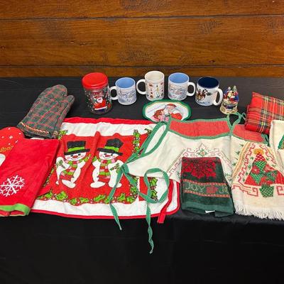Lot of Vintage Christmas Decor including Mugs, Aprons and More!