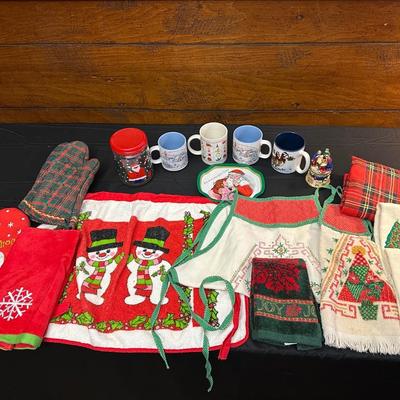 Lot of Vintage Christmas Decor including Mugs, Aprons and More!