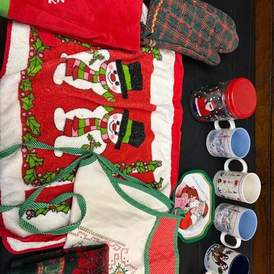 Lot of Vintage Christmas Decor including Mugs, Aprons and More!