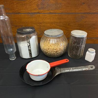 Lot of Vintage and Antique Glass Jars and Skillets