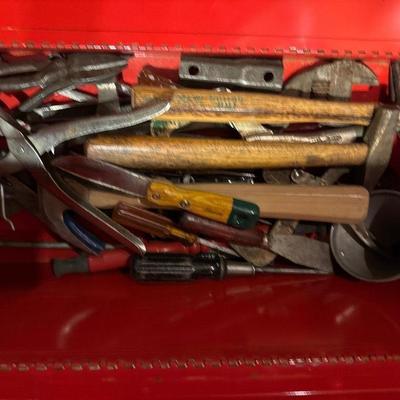 Vintage Marquette red metal toolbox with tools