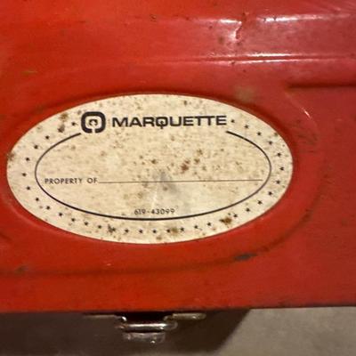 Vintage Marquette red metal toolbox with tools