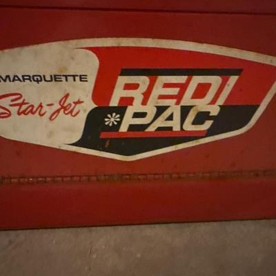Vintage Marquette red metal toolbox with tools
