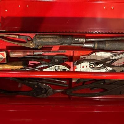 Vintage Marquette red metal toolbox with tools
