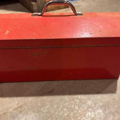 Vintage Marquette red metal toolbox with tools