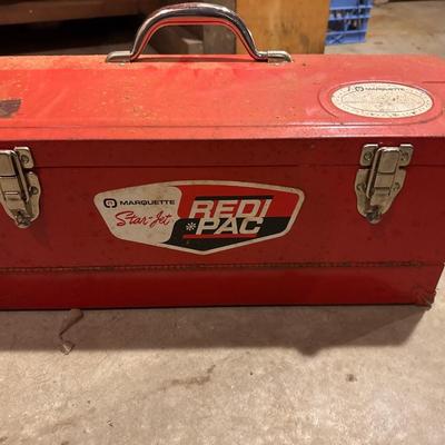 Vintage Marquette red metal toolbox with tools