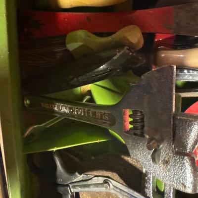 Green tray of various tools