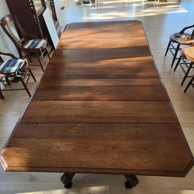 Antique Walnut Dining Table & 5 Cane Seat Chairs 46"X46" w 4 / 12" leaves & 2 / 9 " Leaves