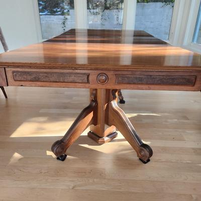 Antique Walnut Dining Table & 5 Cane Seat Chairs 46"X46" w 4 / 12" leaves & 2 / 9 " Leaves