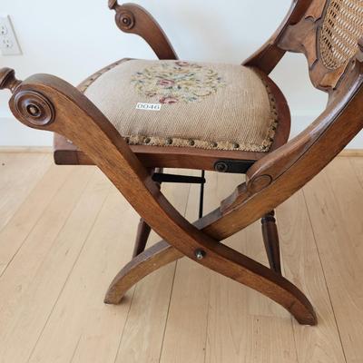 Victorian Walnut Folding Chair Cane Back - Original Needlepoint