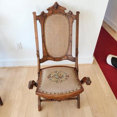 Victorian Walnut Folding Chair Cane Back - Original Needlepoint