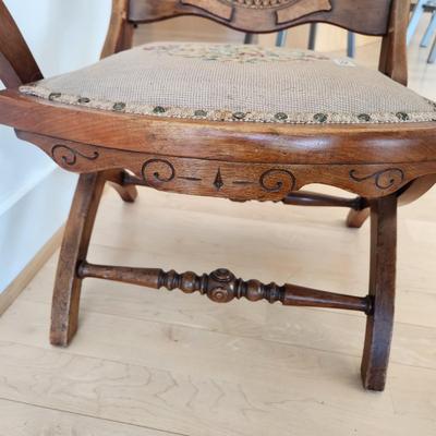 Victorian Walnut Folding Chair Cane Back - Original Needlepoint