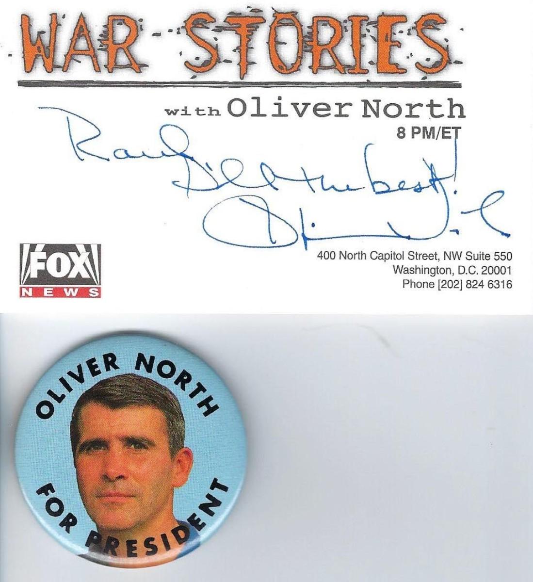 Oliver North signed Fox News card and button EstateSales org