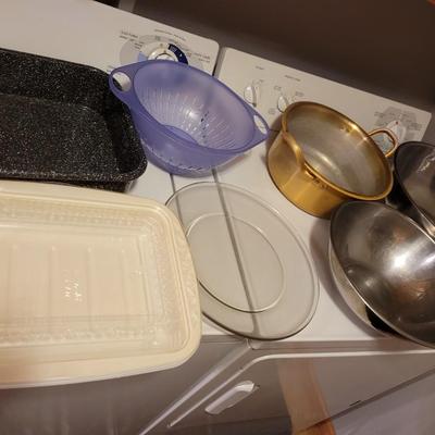 Mixing bowls, tray, colander, big pot