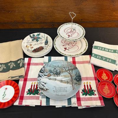 Lot of Christmas Decor including Dessert Plates from William Sonoma, Festive Dish Towels and More!