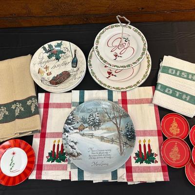 Lot of Christmas Decor including Dessert Plates from William Sonoma, Festive Dish Towels and More!