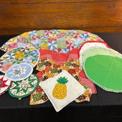 Vintage Hand Sewn Table Cover, Pot Holders and More!